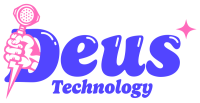 Modro růžové logo Deus Technology s celým textem Deus Technology, kde v písmeně D drží Boží ruka páku kávovaru (portafilter) reprezentující Boží blesk.
