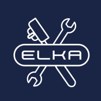 Bílý znak ELKA na modrém pozadí.